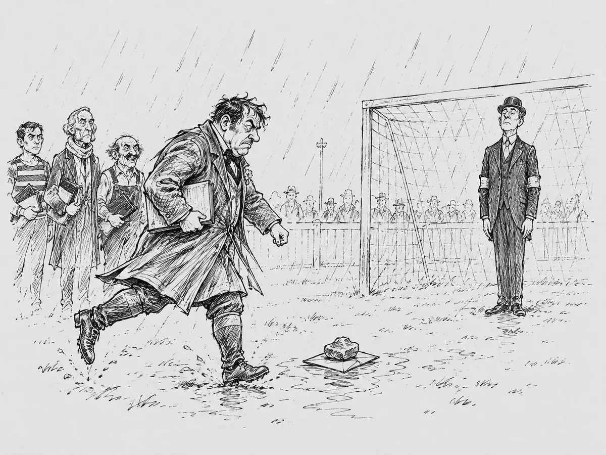 Tegning i regn av en kraftig kasserer i regnfrakk med en regnskapsbok under armen som tar sats mot en konvolutt med en stein på. I mål står en stiv revisor i dress og bowlerhatt med armene ned. Tre andre med bøker venter ved siden av, og tilskuere står bak et gjerde.