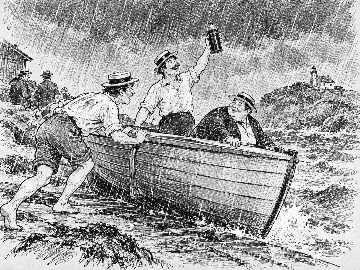Desenho de três homens de calça curta e chapéu de palha colocando um barco a remo na água sob chuva forte. Um deles ergue uma garrafa térmica, outro empurra o barco descalço.