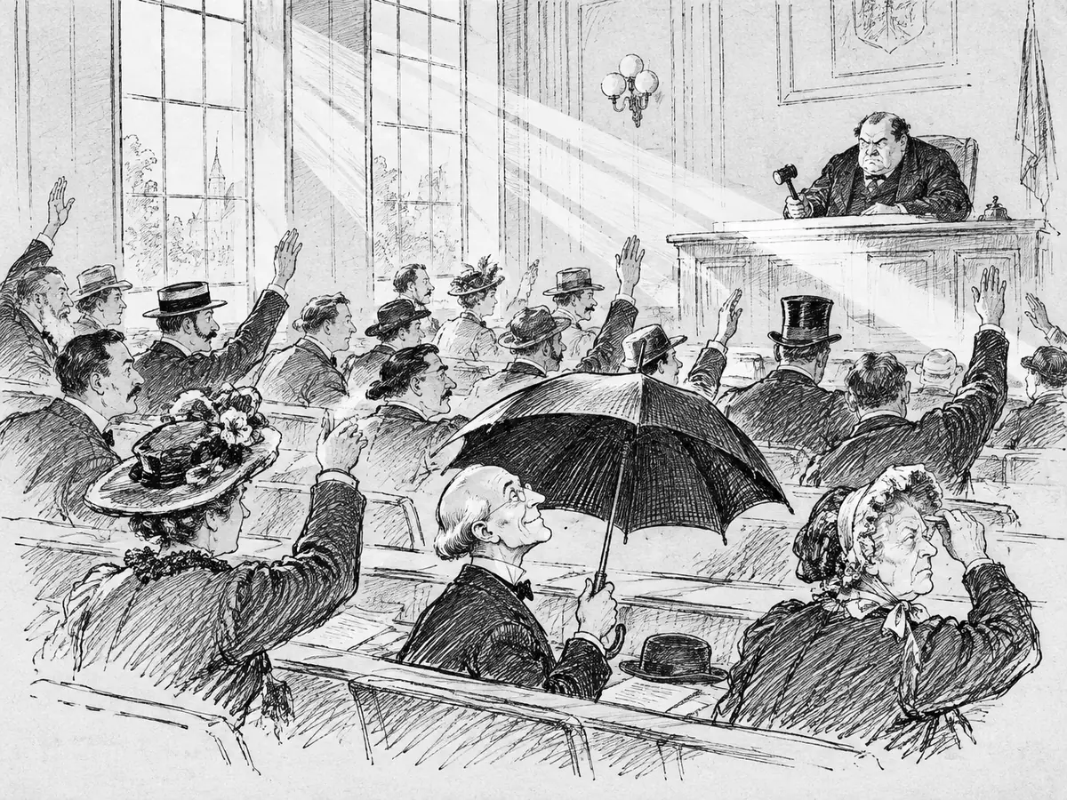 Desenho de um plenário onde políticos com roupas antigas levantam a mão. O sol entra pelas janelas altas, um homem abriu um guarda-chuva dentro da sala, e o presidente da mesa olha feio para o raio de sol.