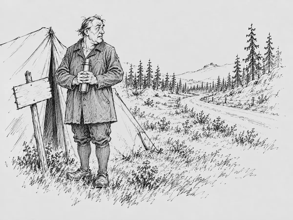Desenho de um homem de jaqueta de trabalho comprida e calça curta, ao lado de uma pequena barraca de lona num gramado tomado pelo mato, segurando uma garrafa térmica com as duas mãos e olhando preocupado para a estrada vazia. Junto à barraca há uma placa de madeira em branco num poste.