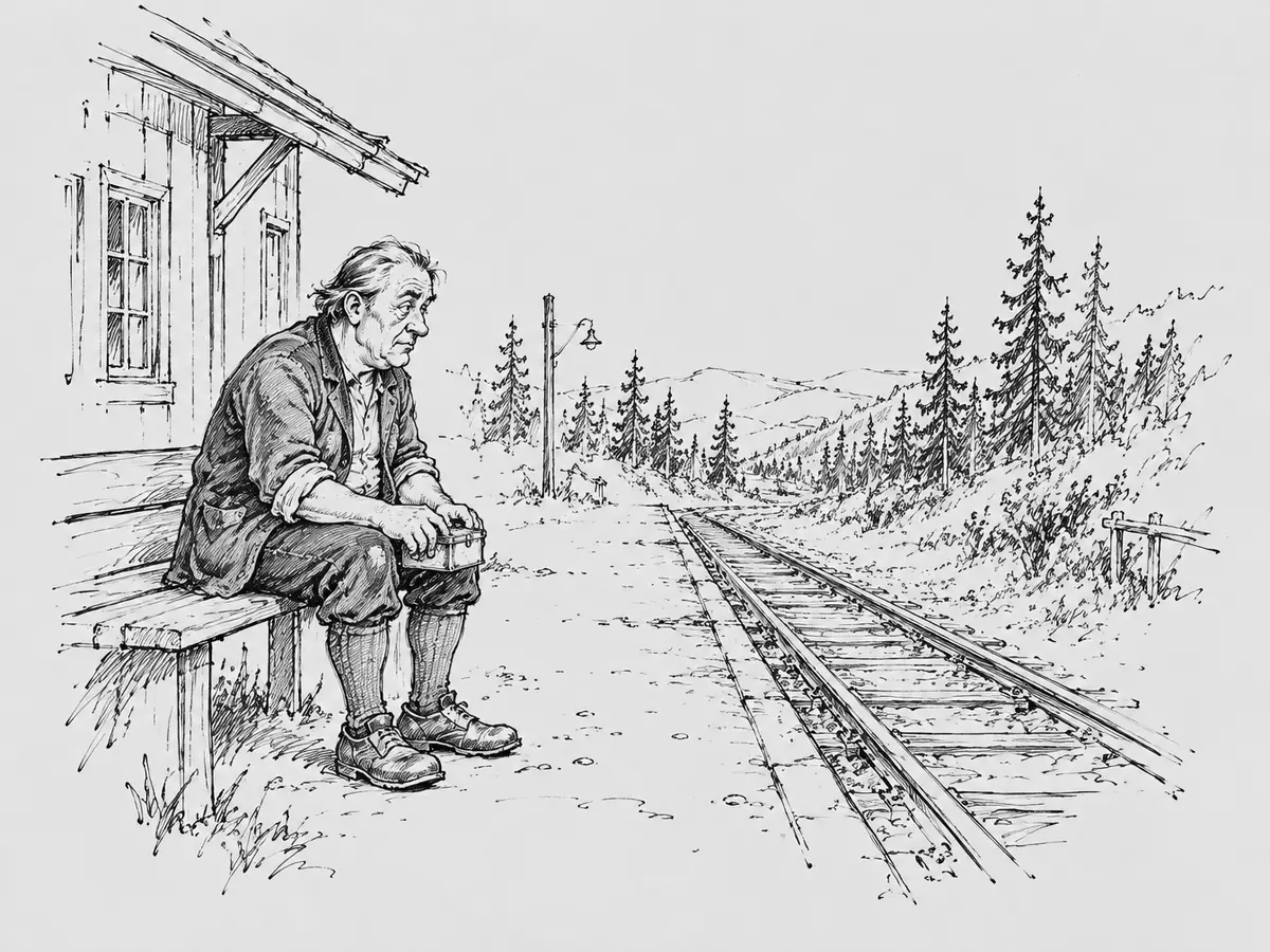 Desenho de um homem mais velho de jaqueta de trabalho remendada e mangas arregaçadas, sentado sozinho num banco de uma pequena estação de madeira na floresta, com uma marmita no colo, olhando para os trilhos vazios.