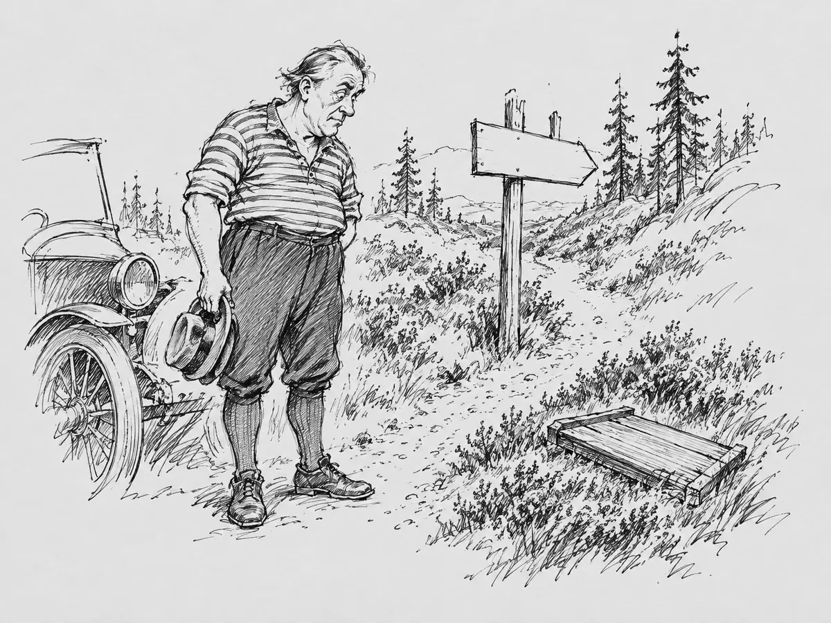 Desenho de um homem robusto e mais velho, de camisa listrada e calça curta, segurando o chapéu ao lado de um carro antigo, olhando para uma tábua de madeira sozinha no meio da urze. Atrás dele, uma placa em forma de seta, sem texto, aponta para o mato e os pinheiros.