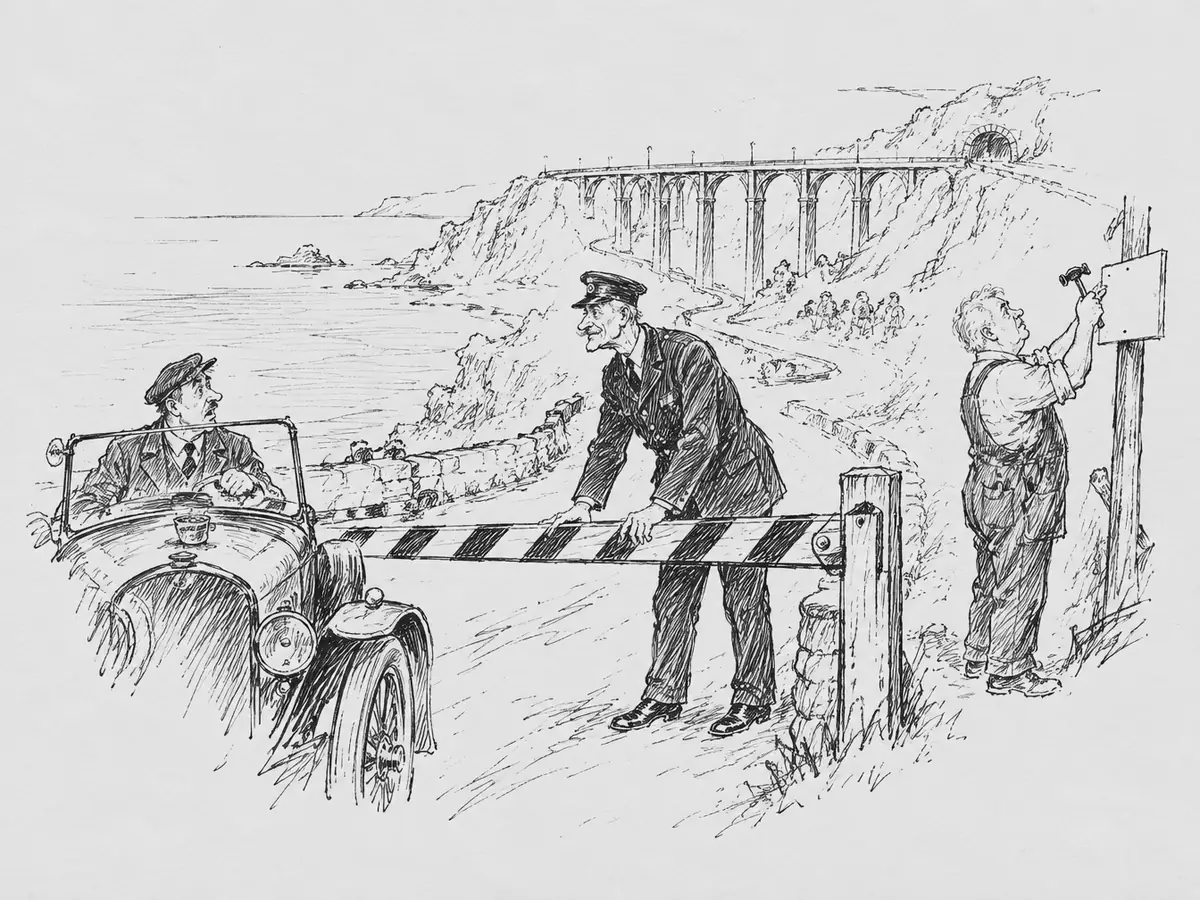 Tegning av en svingete kystvei ved havet. En smilende veibetjent i uniformslue senker en stripete bom foran en åpen, gammel bil, der en mann i sixpence ser forbløffet på ham med en kopp på dashbordet. Til høyre spikrer en hvithåret mann i snekkerbukse opp et blankt skilt. I bakgrunnen går en ny vei på en høy bue-bru inn i en tunnel.