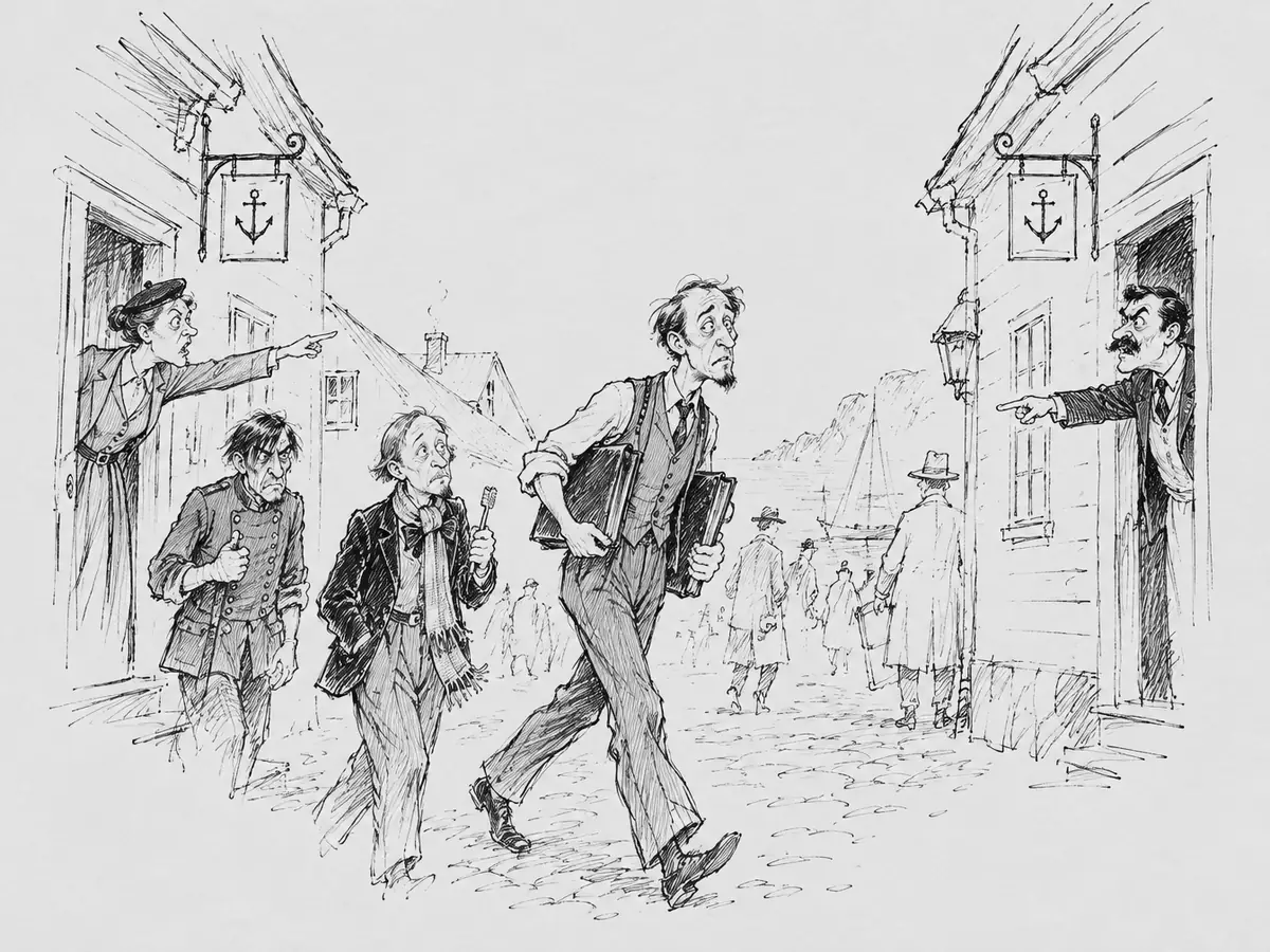 Desenho de uma rua de paralelepípedos entre duas casas de madeira com placas iguais com uma âncora. Em cada porta, um recepcionista – uma mulher à esquerda, um homem de bigode à direita – aponta para a outra casa. No meio da rua, um homem magro de colete anda apressado com um livro-razão debaixo de cada braço, seguido por um homem de cachecol e gravata-borboleta segurando uma escova de dentes e um homem de jaqueta de uniforme velha.