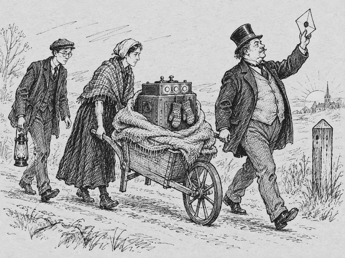 Desenho de um homem robusto de cartola empurrando um carrinho de mão numa estrada de terra e erguendo uma carta lacrada. No carrinho, uma caixa de metal com botões, enrolada num cobertor de lã, com um par de luvas penduradas. Uma mulher de xale caminha ao lado, e um rapaz de óculos com uma lanterna vem atrás.