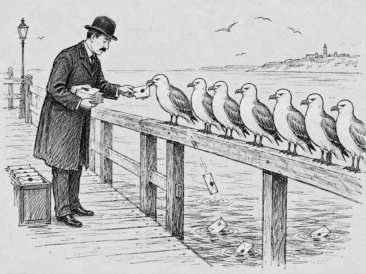 Desenho de um funcionário municipal de chapéu-coco entregando cartas a uma fileira de gaivotas sérias no parapeito de um cais. Algumas cartas boiam na água.