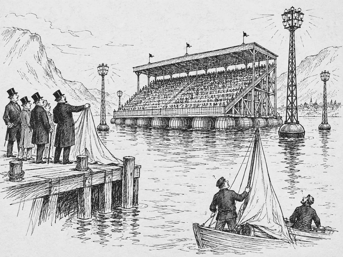 Desenho de políticos de cartola num cais diante de uma arquibancada de madeira lotada que flutua sobre barris no fiorde, com postes de luz sobre boias. Em primeiro plano, dois velejadores confusos num pequeno veleiro olham para a arquibancada.