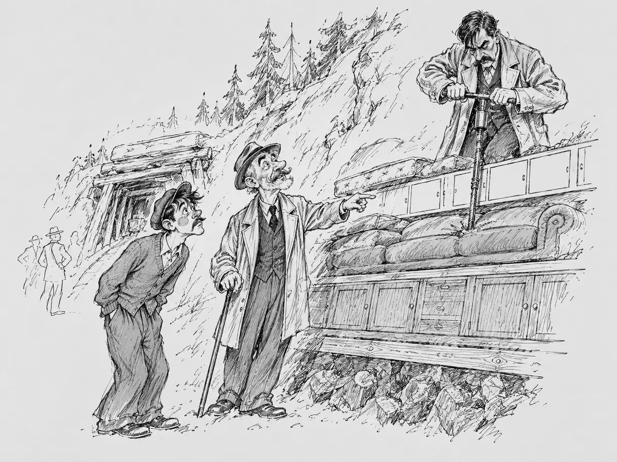 Tegning av en skråning ved en gammel gruveåpning, lagdelt som berg: steinur nederst, så kjøkkenbenker og skap, en sofa og madrasser, og hvite skap øverst. En eldre mann med stokk, hatt og bart peker på lagene mens en ung mann i cardigan og sixpence ser forundret på. Øverst borer en embetsmann i frakk ned i sofaen med et håndbor. To skikkelser står i bakgrunnen.