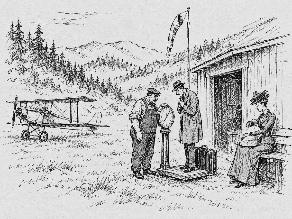 Tegning av et lite propellfly med doble vinger på en gresslette ved en garasje. En kraftig mann i kjeledress veier en passasjer i frakk på en stor vekt, mens en dame med hatteeske sitter på en benk og ser på klokka. En vindpose henger ned fra en stang.