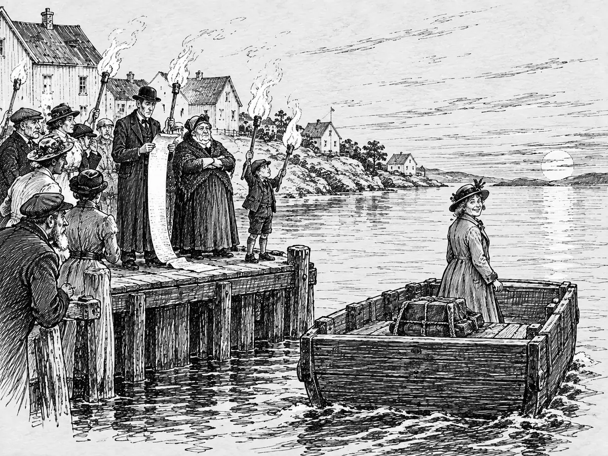 Tegning av en brygge i skumringen der naboer med fakler står på rekke. En høy mann leser høyt fra en lang papirrull, en kraftig eldre dame står med armene i kors og en gutt holder en for stor fakkel. I forgrunnen snur lekteren med en liten pakke i presenning, og kvinnen fra havnevesenet smiler høflig.