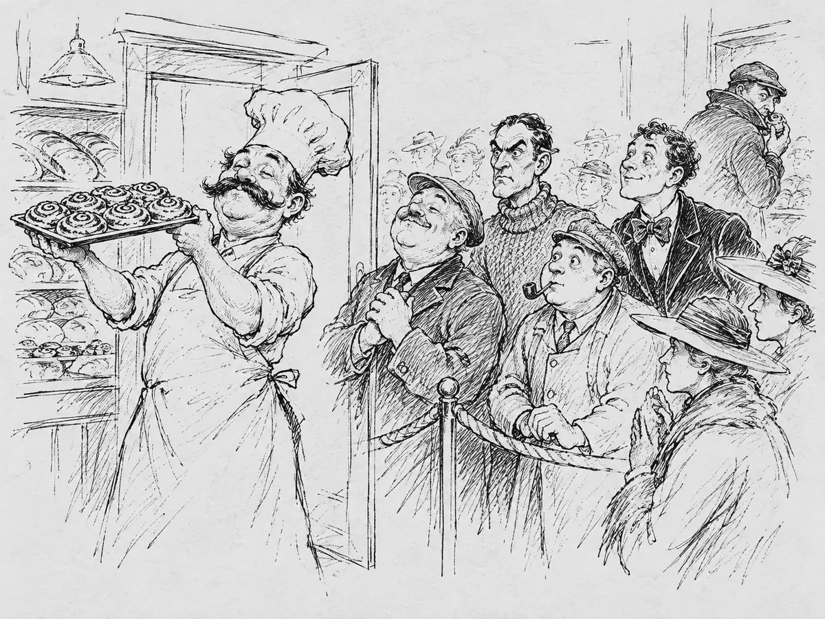 Desenho: um padeiro de chapéu alto de padeiro e bigodão ergue uma bandeja de pães de canela de olhos fechados, diante das prateleiras de pão. Atrás de uma corda, clientes de boné, suéter de tricô, gravata-borboleta e chapéu assistem com devoção, um deles de cachimbo. Lá no fundo, um homem de boné e gola levantada come um pãozinho escondido.