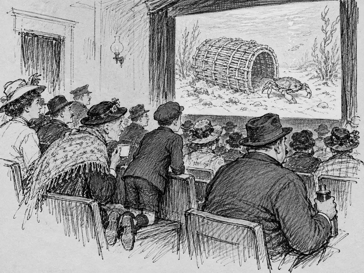 Desenho de uma sala de cinema com público de chapéus e xales olhando para uma tela grande. Na tela aparece uma armadilha de lagosta no fundo do mar, e um caranguejo está saindo pela abertura. Uma senhora com uma xícara de café se inclina para a frente, um menino está ajoelhado no assento.