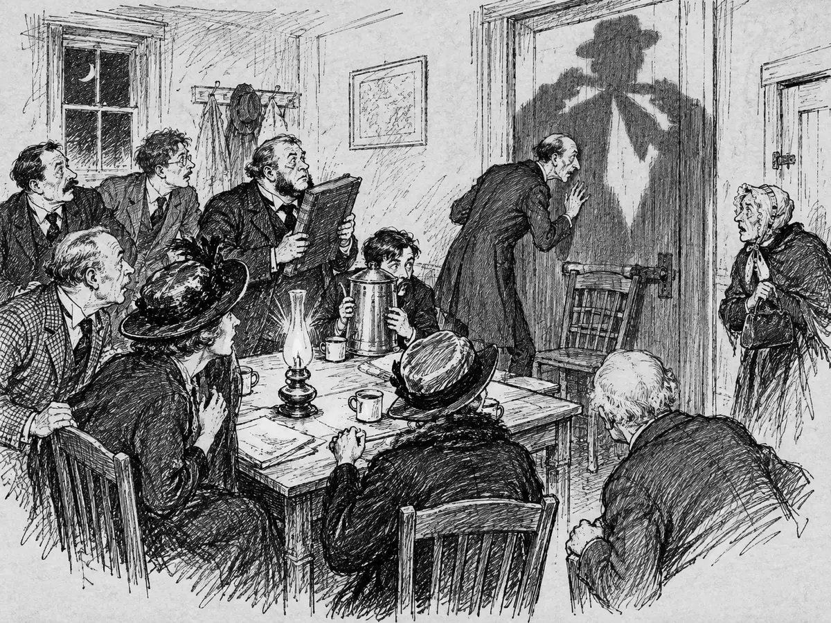 Desenho de uma pequena sala de reuniões à luz de lamparina, com pessoas assustadas em volta de uma mesa. Um homem escuta junto à porta trancada, com uma cadeira ao lado, um homem robusto segura uma ata como escudo, um jovem se esconde atrás de um bule de café, e a grande sombra de uma figura de chapéu amarrando algo no pescoço cai sobre a porta.