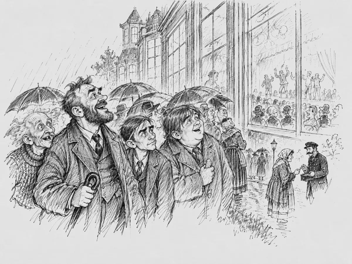 Desenho: na chuva, do lado de fora de um grande hotel antigo, quatro pessoas à frente de uma multidão de guarda-chuvas olham sorridentes para os janelões, onde uma plateia lotada assiste a um espetáculo. À direita, um funcionário uniformizado do hotel recebe dinheiro de uma mulher de lenço na cabeça, junto a uma caixa de ingressos.