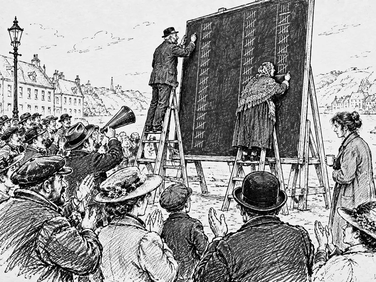 Desenho de um grande quadro-negro numa praça, onde dois voluntários idosos em escadinhas marcam traços a giz. Uma multidão aplaude, um homem segura um megafone e uma mulher observa ao lado com uma xícara.