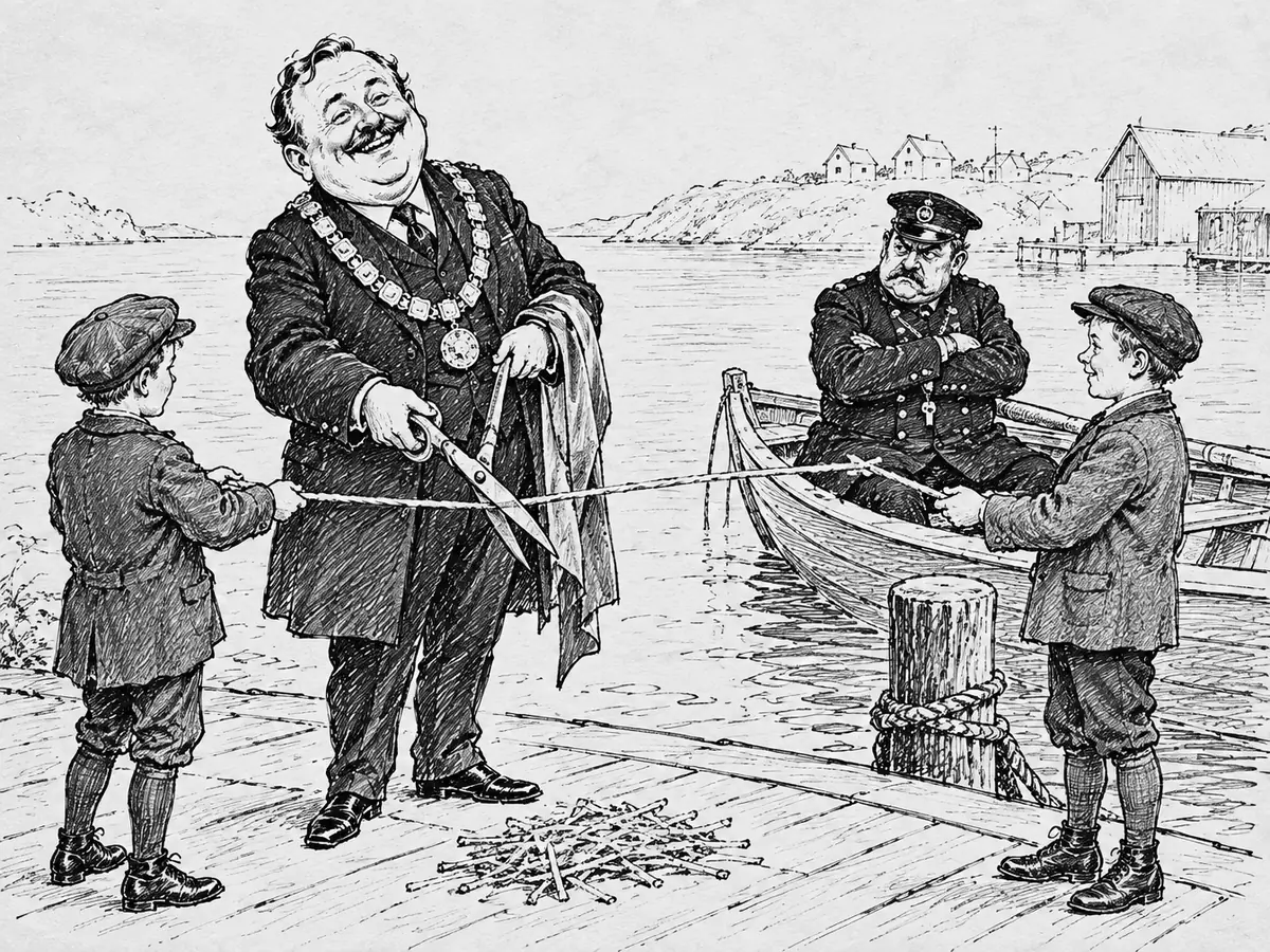 Desenho de um Prefeito sorridente, de colar de cerimônia, num cais cortando um barbante segurado por dois meninos, com pedaços cortados aos seus pés. O Delegado está num barco a remo atrás dele, de braços cruzados e com cara de desaprovação.