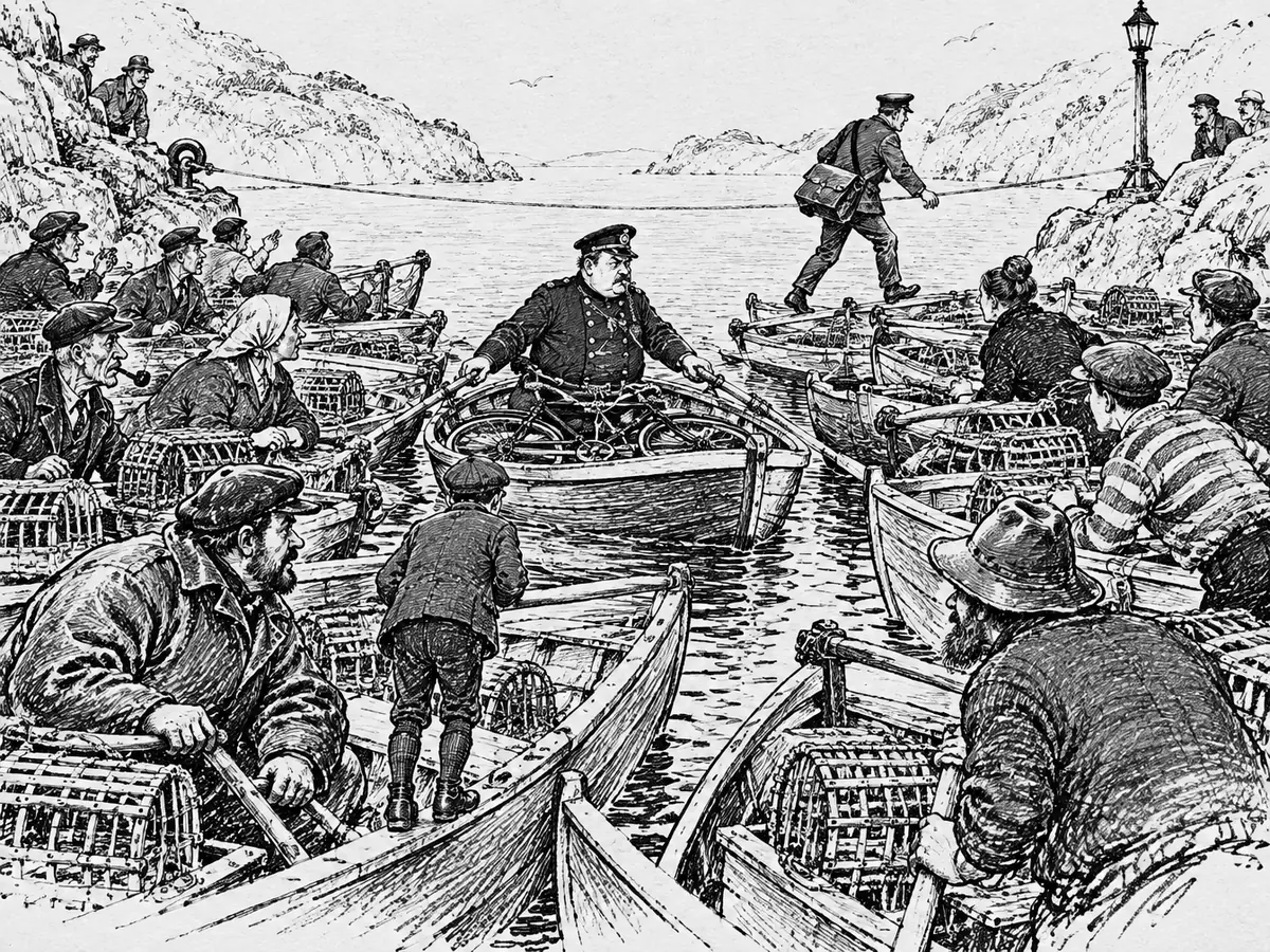 Desenho de um estreito cheio de barquinhos com armadilhas de lagosta, todos com a proa virada para uma corda sobre a água. O Delegado está num barco a remo diante da corda, com um apito na boca e uma bicicleta no barco, enquanto um carteiro atravessa por cima dos barcos.