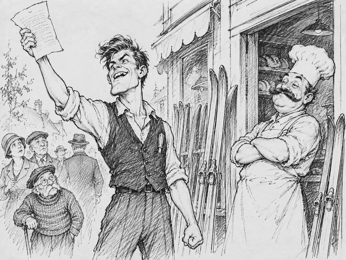 Desenho: Olav Knekke, de colete e mangas arregaçadas, ergue uma carta para o céu com um sorriso largo, diante de uma fileira de esquis encostados na parede da loja. O padeiro, de chapéu alto de cozinheiro, está satisfeito de braços cruzados na porta ao lado. Alguns passantes, entre eles um senhor de óculos e suéter de tricô, olham para cima.