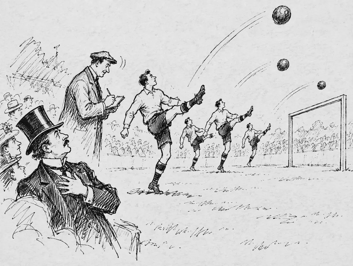 Fotballspillere sparker ballene høyt over et tomt mål mens treneren nikker fornøyd, og en herre i flosshatt later som han er i spenning