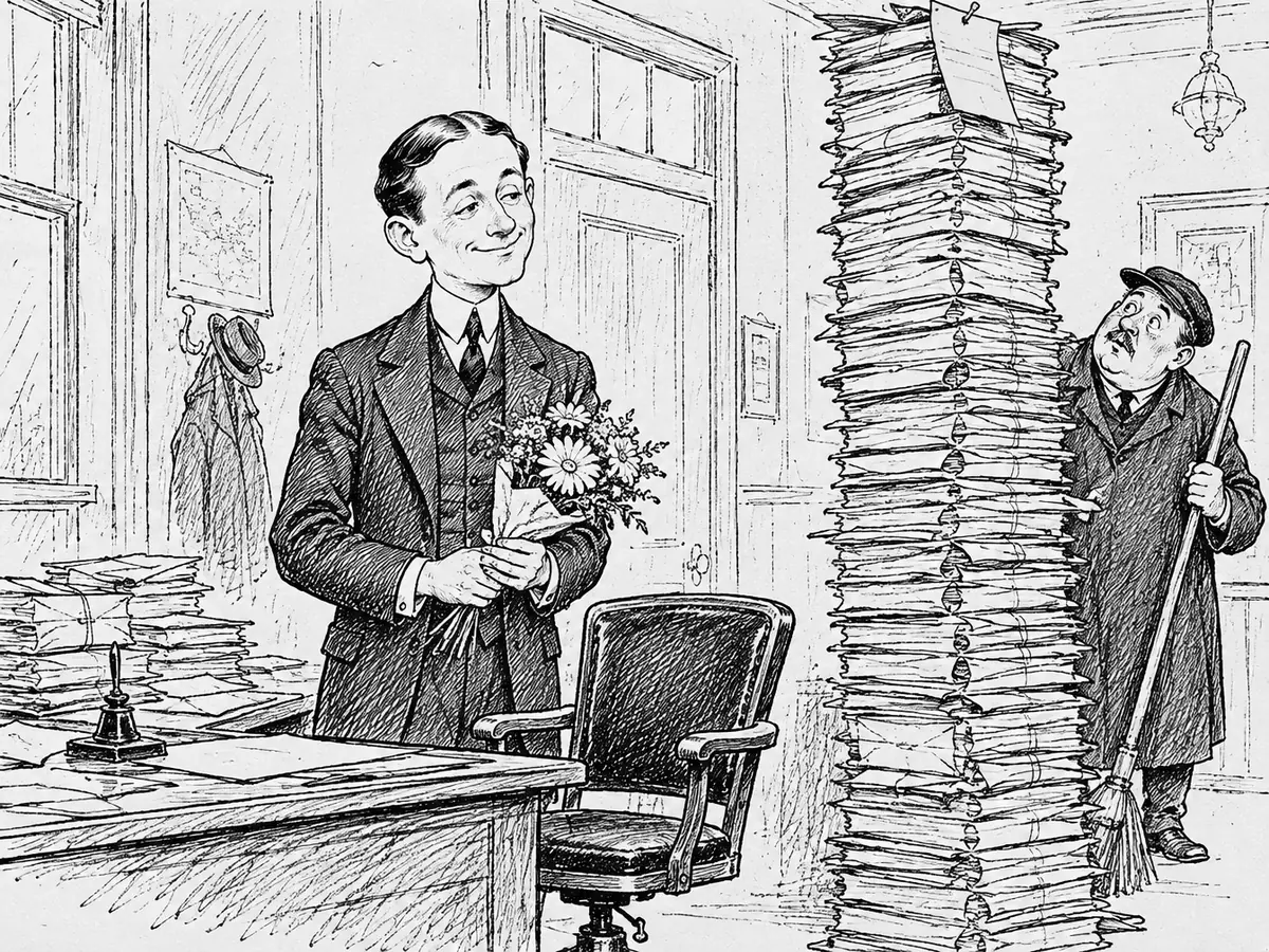 Tegning av en smilende mann i dress og vest som står med en liten bukett ved en tom kontorstol. Ved siden av står en stabel papirer som rekker til taket, med en lapp festet øverst. En vaktmester med kost kikker fram bak stabelen.