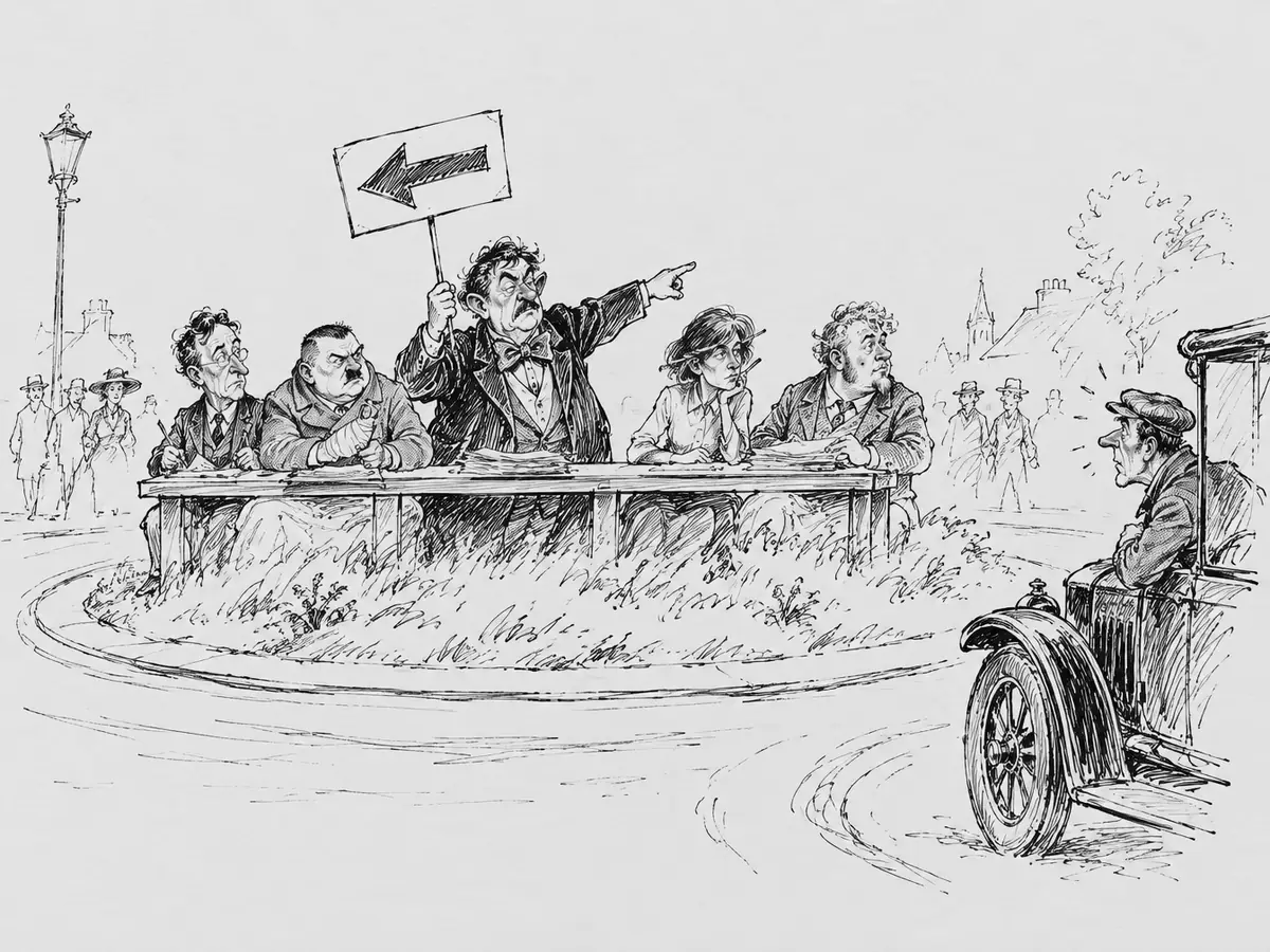 Tegning av fem politikere ved et langbord på gresset midt i en rundkjøring. En mann i sløyfe står og holder opp et skilt med en pil, mens han peker motsatt vei. En sjåfør i sixpence har stoppet en tidlig bil ved kanten og ser skeptisk på dem.