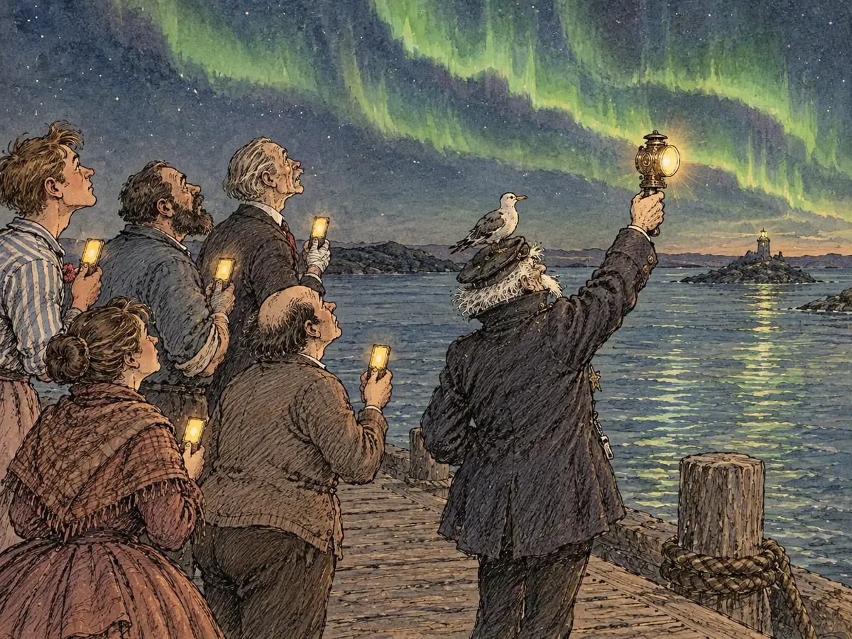 Akvarelltegning av lensmannen sett bakfra ytterst på brygga, der han holder sykkellykta høyt mot et grønt nordlys over havna. Måken på lua ser også opp. Bak ham står fem mennesker i gammeldagse klær og holder små lysende rektangler opp mot himmelen.