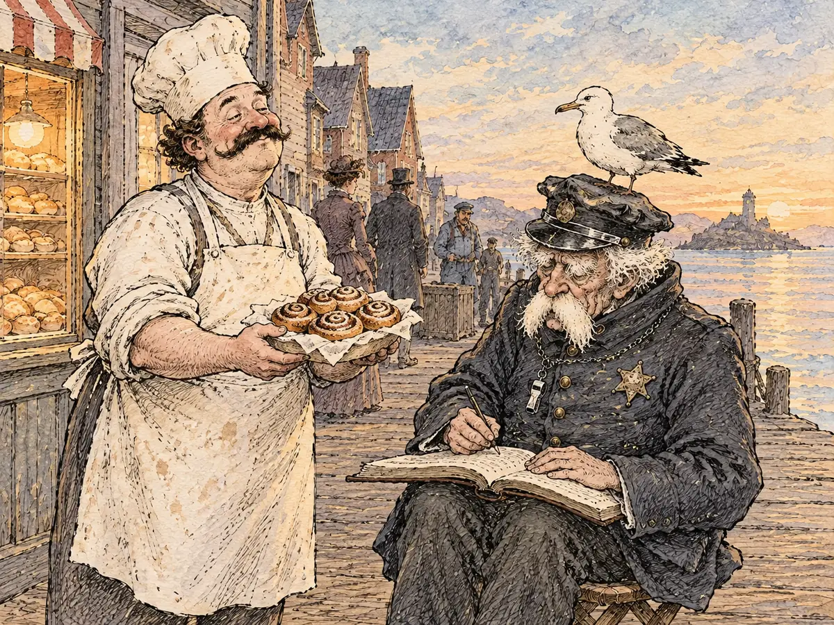 Akvarelltegning av en fornøyd, søvnig baker med kokkelue, bart og melete forkle som holder fram et brett med kanelboller til den gamle lensmannen, som skriver i protokollen uten å se opp. Bak bakeren lyser et vindu fullt av brød, og soloppgangen farger havna.