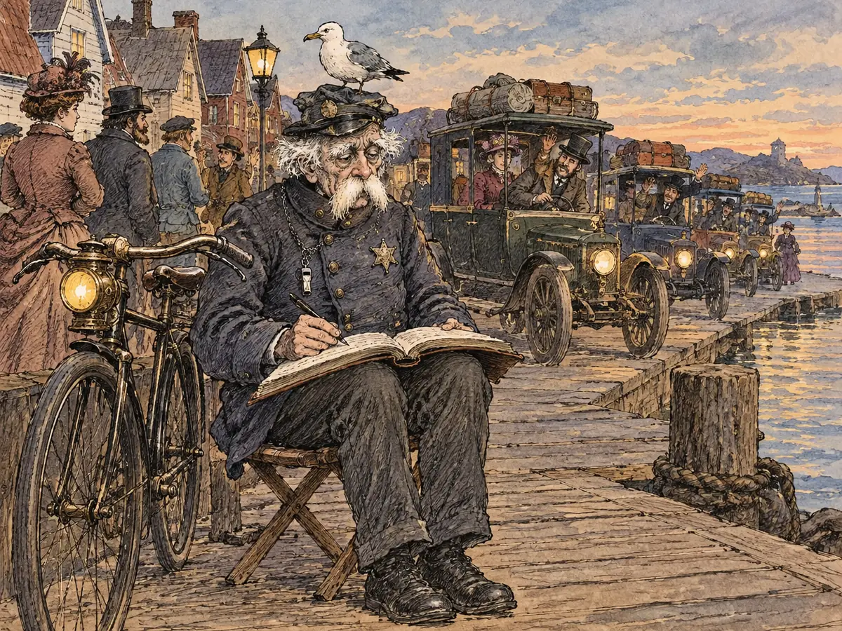 Akvarelltegning av en eldgammel lensmann med hvit bart og en måke på lua som sitter på en feltstol på en trebrygge i skumringen og skriver i en stor protokoll. Ved siden av står en gammel sykkel med tent lykt. Bak ham kjører en rekke gamle biler med kofferter på taket, og passasjerene vinker. Til venstre står folk i gammeldagse klær under en gasslykt.