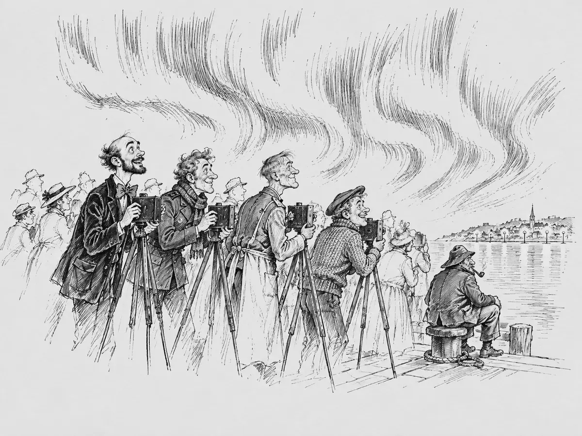 Desenho de um cais à noite com quatro homens sorridentes enfileirados com câmeras antigas em tripés, apontadas para uma cidadezinha com torre de igreja e lampiões do outro lado da água. Acima deles a aurora boreal ondula no céu, e várias pessoas de chapéu estão atrás. No canto direito, um homem de chapéu de pescador e cachimbo está sentado num cabeço de amarração olhando para a água.