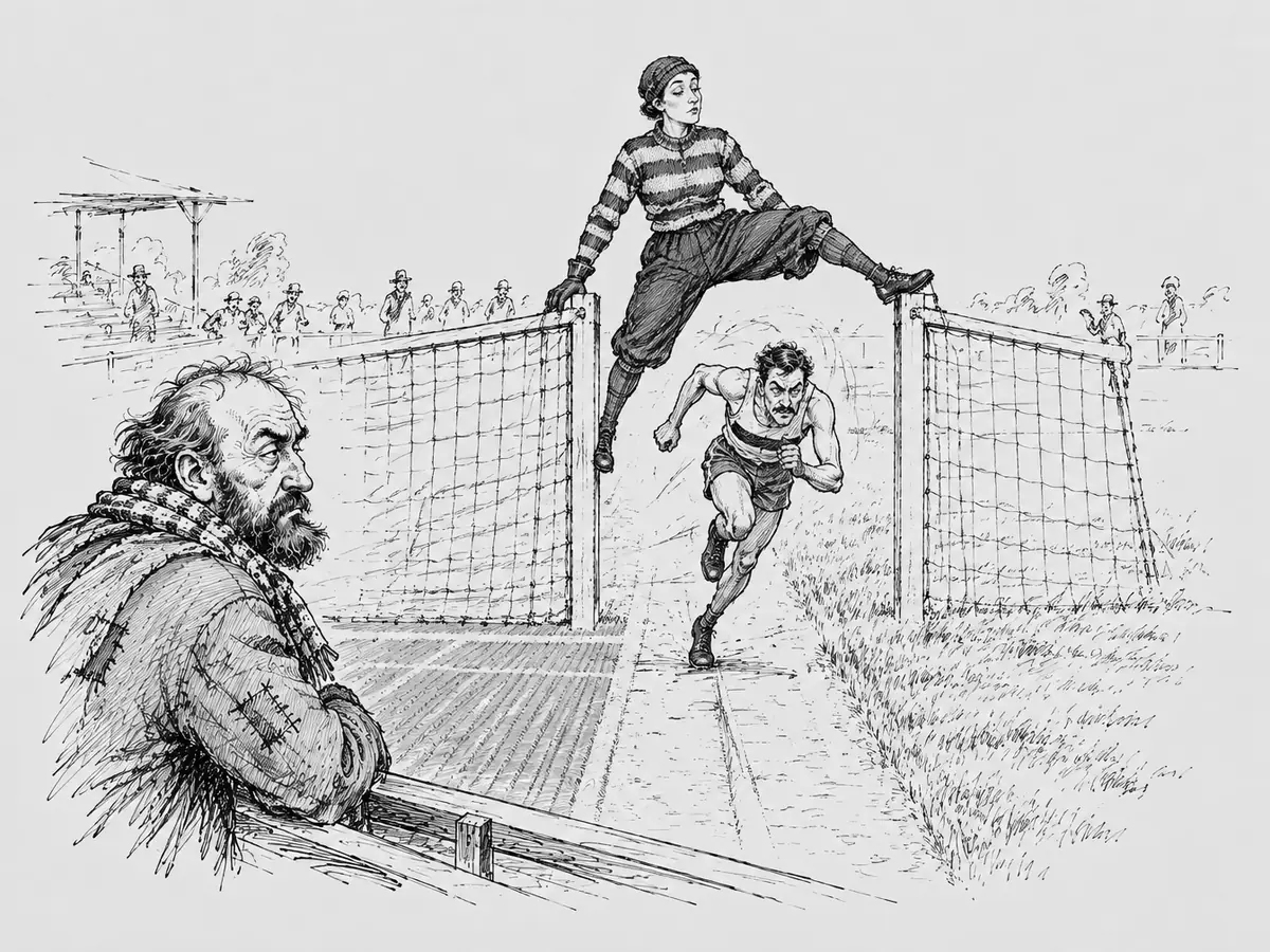 Desenho visto de lado de um gol dividido em dois: uma goleira de suéter listrado e touca fica suspensa entre as duas metades do gol, com uma mão e um pé em cada trave, enquanto um corredor de bigode dispara pela abertura embaixo dela. Em primeiro plano, um homem barbudo de jaqueta remendada e cachecol observa desconfiado. À esquerda, grama sintética baixa; à direita, grama alta.