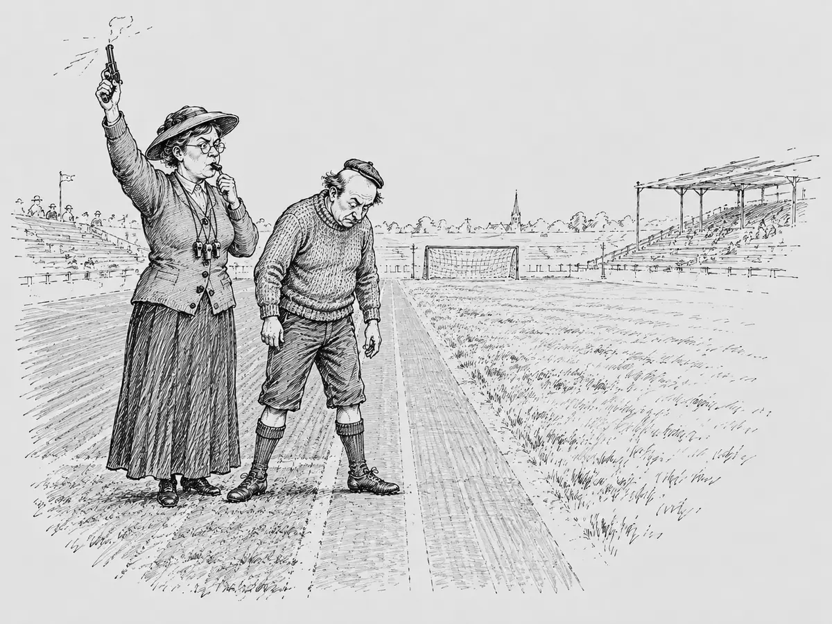 Desenho de uma árbitra de saia longa, chapéu e óculos redondos, com três apitos no pescoço. Ela sopra um apito e ergue uma pistola de largada. Ao lado, um jogador careca de suéter de tricô e boina, com um pé na grama sintética e outro na pista, olha para os sapatos. À direita, grama natural alta; ao fundo, um gol e uma arquibancada vazia.