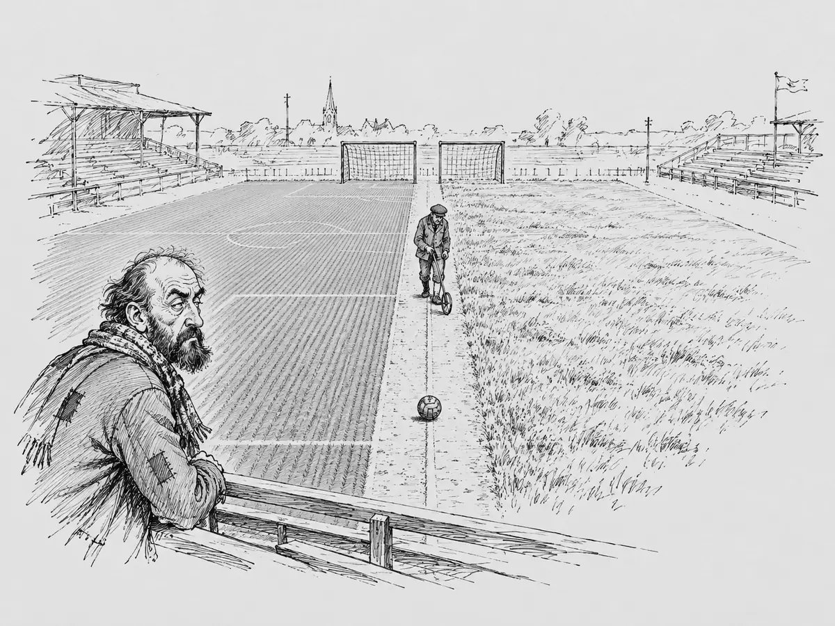 Desenho de um estádio de futebol dividido no comprimento: grama sintética à esquerda, grama natural alta à direita e uma raia estreita no meio que atravessa o gol, dividido em duas metades. Um zelador de boina caminha pela raia com uma roda de medição, e há uma bola na raia. Em primeiro plano, um homem barbudo de jaqueta remendada e cachecol se debruça no parapeito da arquibancada e observa desconfiado.