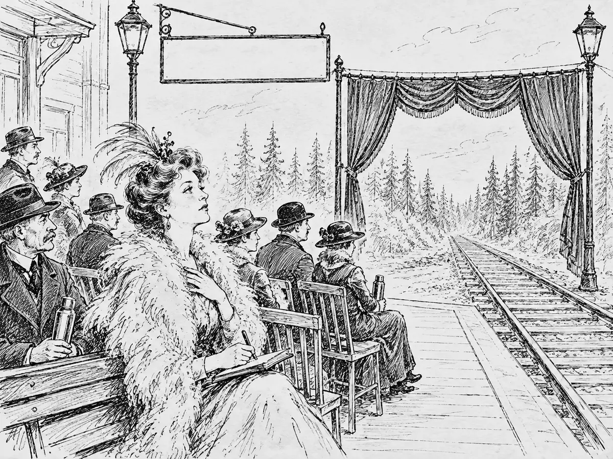 Tegning av en jernbaneperrong innredet som et teater: rader med stoler og benker med alvorlige reisende i frakker og hatter, flere med termos, vendt mot tomme skinner som forsvinner inn i granskogen. Et teaterteppe henger over sporet ved en lyktestolpe, og et tomt skilt henger over perrongen. Foran sitter en kvinne i pelsboa med hånden på brystet og en notatbok i fanget.