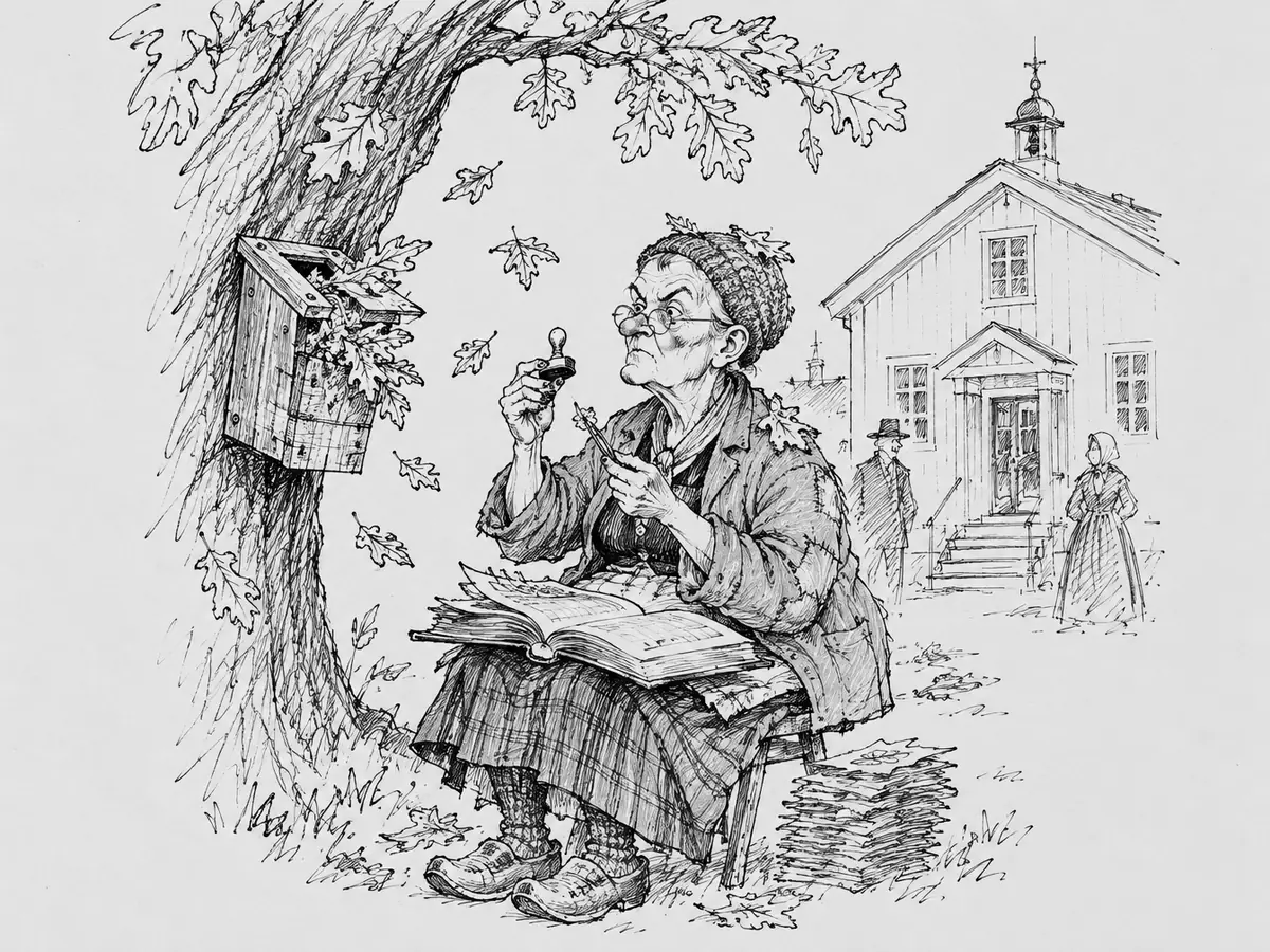 En eldre arkivar i strikkelue og briller sitter på en krakk under en stor eik med en åpen protokoll i fanget og et stempel i hånda. På stammen henger en postkasse av tre med eikeløv som stikker opp av toppen, og ved føttene hennes ligger en bunke papirer. Bak henne står et hvitt trehus med klokketårn og to personer som ser på.
