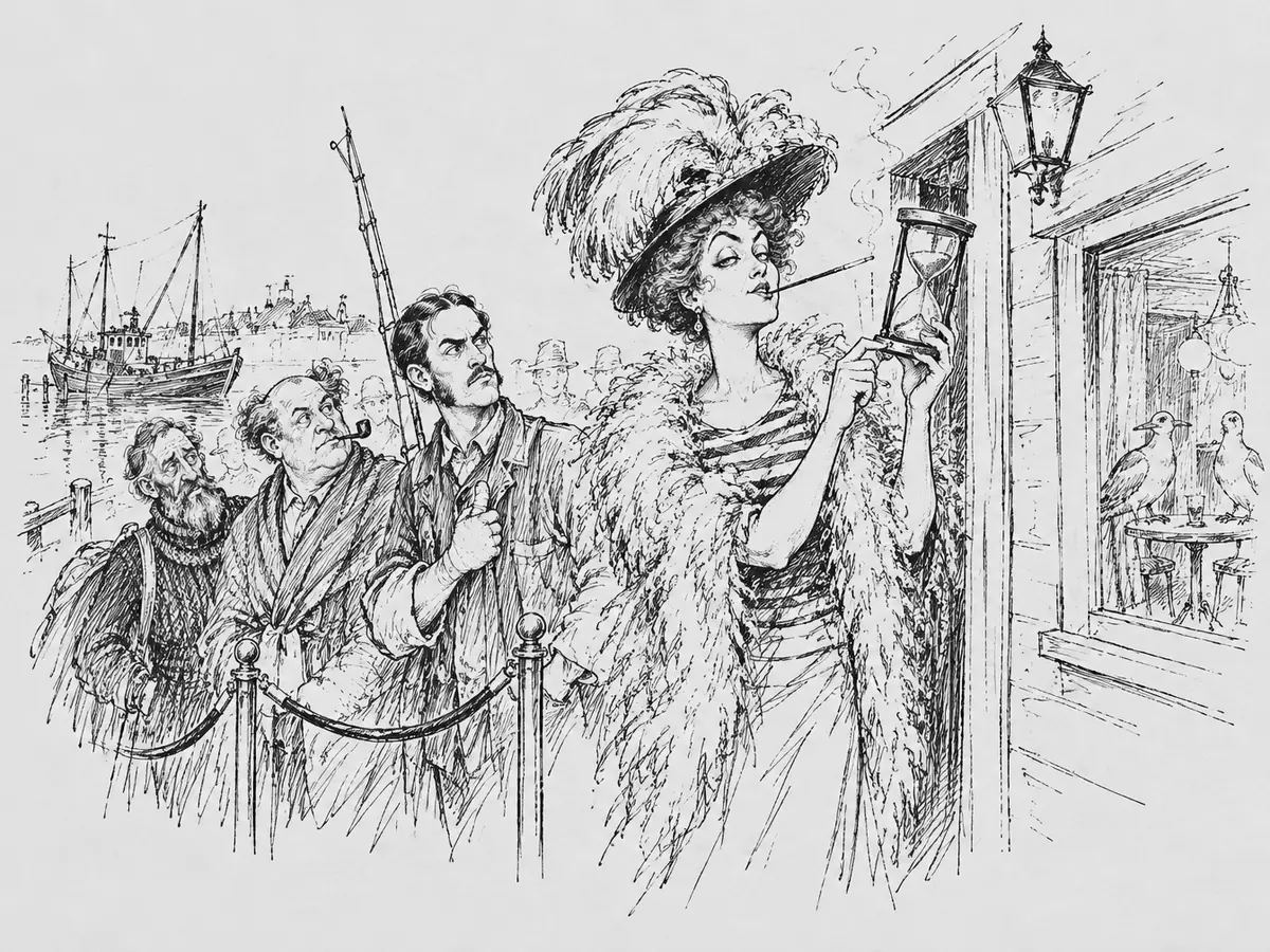 Desenho de uma anfitriã com um enorme chapéu de plumas, estola de penas e piteira comprida, na porta de um bar no cais, examinando uma ampulheta. Atrás de uma corda esperam três homens impacientes – um barbudo de suéter de tricô, um careca de cachimbo e um de bigode com uma vara de pescar – e mais gente atrás deles. Pela janela, duas gaivotas sentadas a uma mesinha. Ao fundo, um barco atracado no cais.