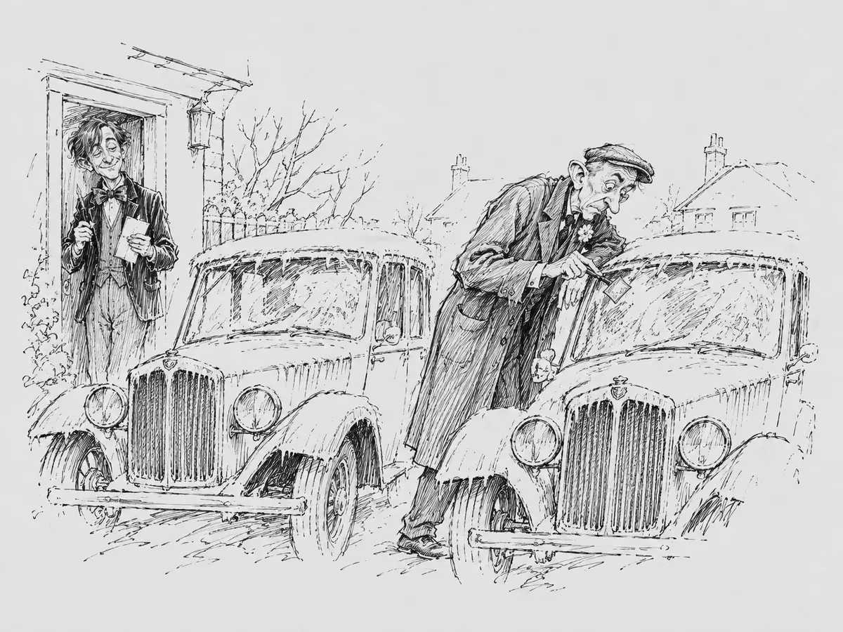 Desenho de dois carros antigos iguais cobertos de geada numa entrada de garagem. Um homem alto e magro, de casaco comprido, boina e flor na lapela, raspa com muito cuidado o para-brisa de um deles. Na porta atrás, o vizinho, de paletó de veludo e gravata-borboleta, segura caneta e papel e sorri satisfeito.