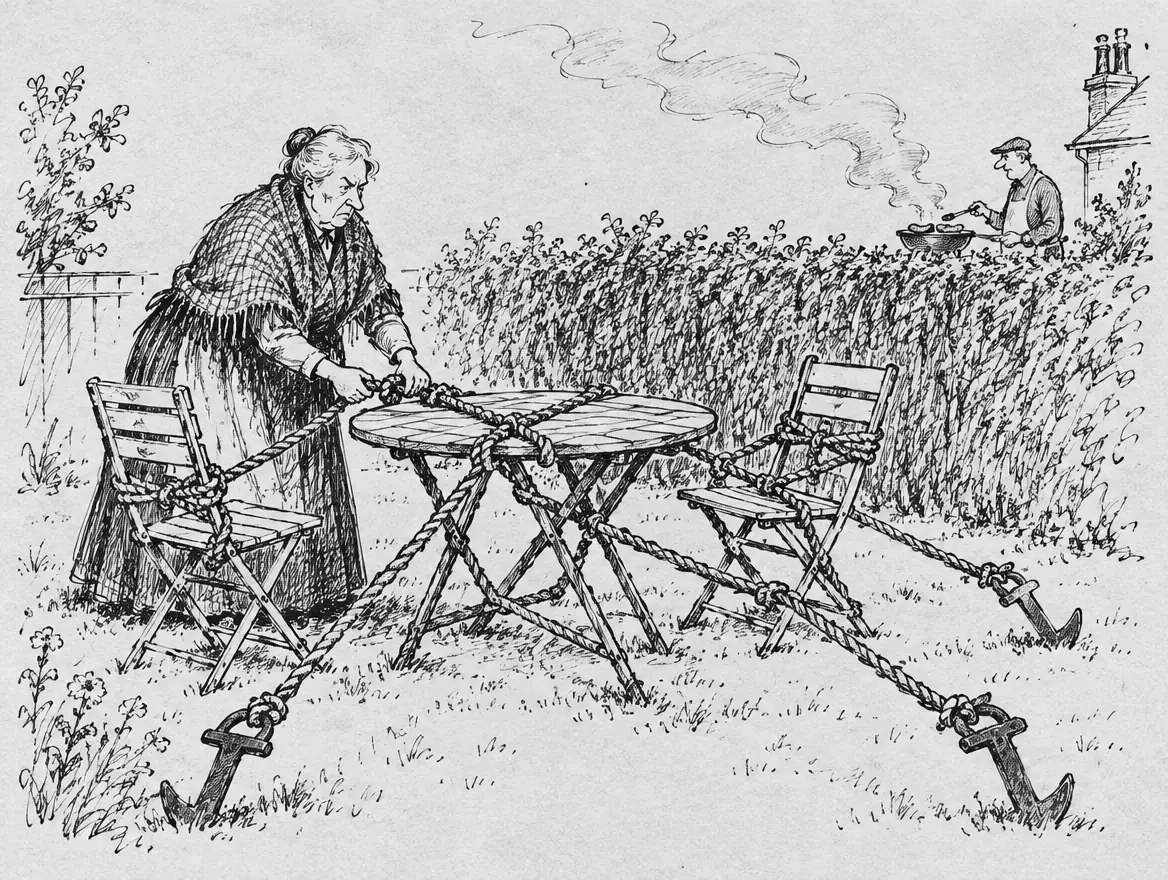 En eldre dame i sjal surrer hagebordet og stolene fast med tykke tau og ankere på en vindstille dag, mens en mann griller pølser bak en høy, ustelt hekk