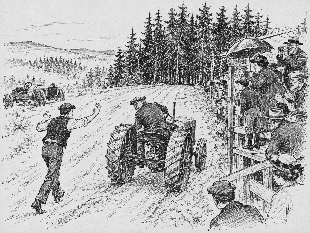 En gammel bonde rygger en traktor langs en grusbane som slutter brått i en granskog, mens en ung mann vinker ham tilbake og folk på en liten tribune ser på