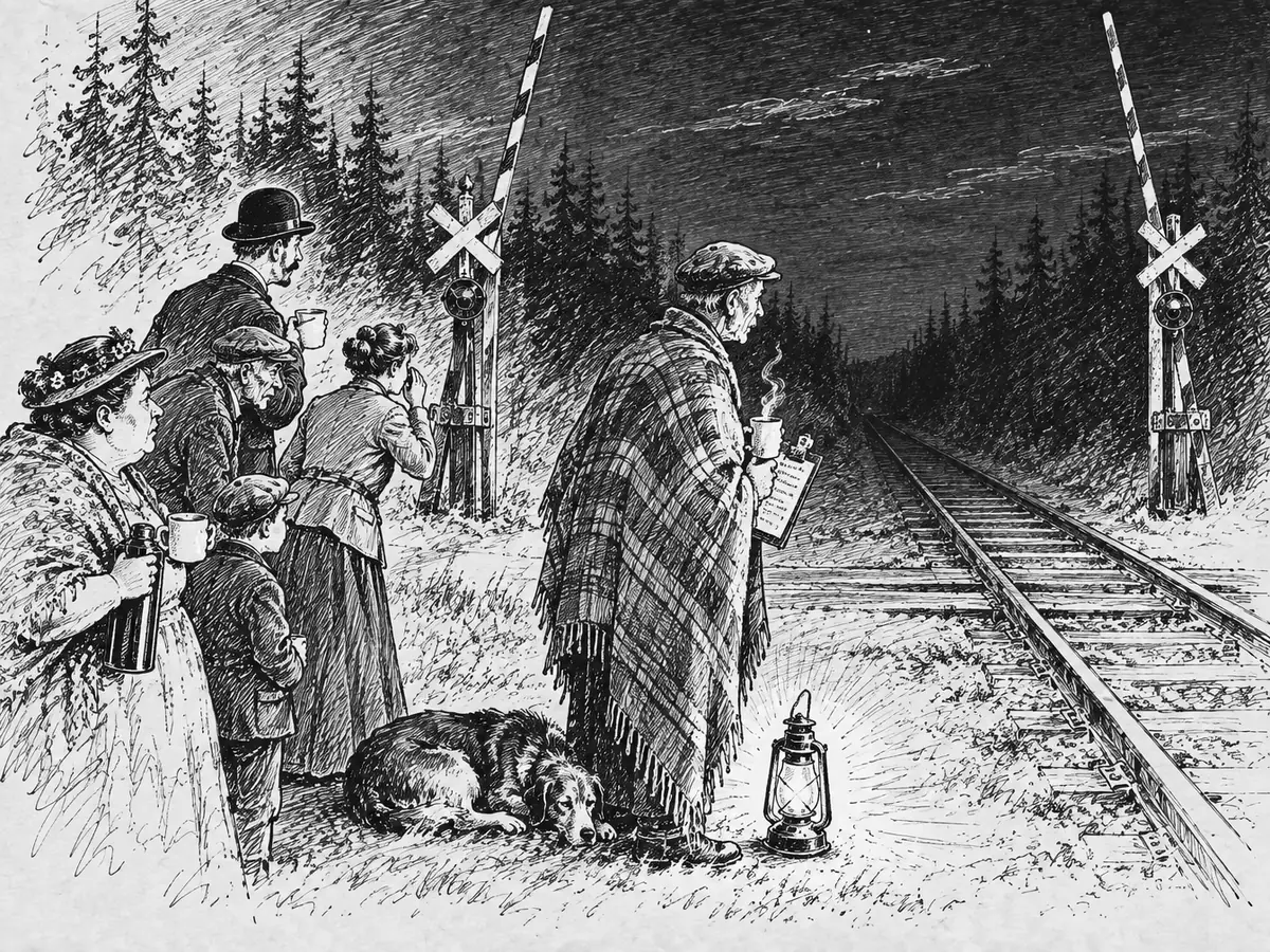 Tegning av planovergangen om natta. En eldre mann i sixpence og rutete ullteppe står med kaffekopp og vaktliste ved en lykt og ser bortover det mørke sporet, med en hund sovende ved føttene. Bak ham står flere naboer med kopper og termos og ser samme vei.