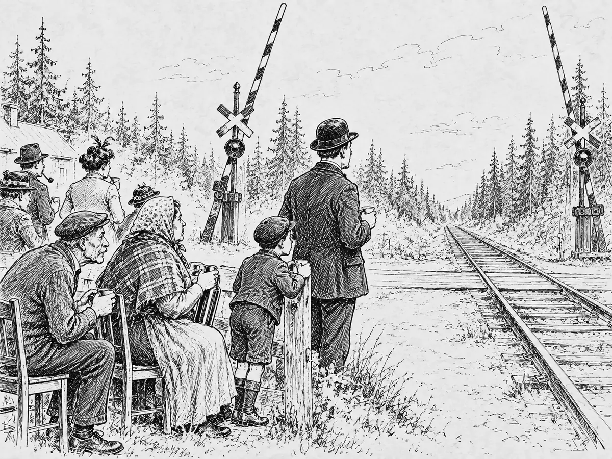 Tegning av en planovergang med bommene oppe. Ved det tomme sporet sitter og står naboer med kaffekopper og ser alvorlig bortover skinnene: en eldre mann i sixpence på en kjøkkenstol, en kraftig kvinne i skaut med termos, en gutt som lener seg over et gjerde og en høy mann i dress og bowlerhatt.