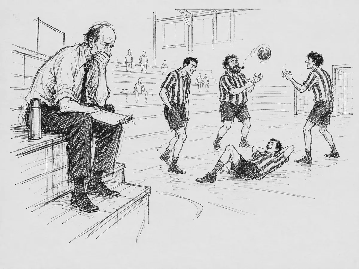 Desenho de um homem alto e magro, de testa alta e mangas arregaçadas, sentado sozinho numa arquibancada quase vazia com prancheta e garrafa térmica, tapando a boca com a mão, enquanto quatro jogadores de handebol de camisa listrada riem na quadra – um com a mão no bolso, um de barba preta e cachimbo, um de cabelo cacheado – e o quarto está deitado relaxado no chão com as mãos atrás da cabeça.