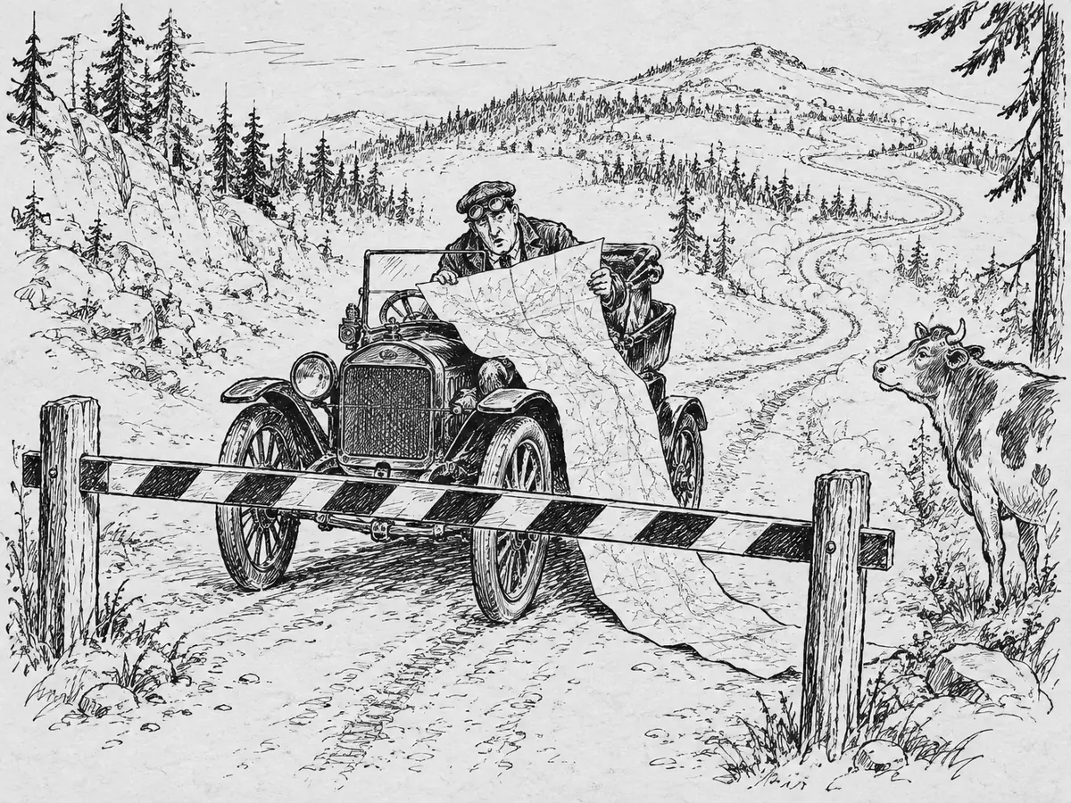 Um motorista em um carro antigo aberto, com um mapa enorme no colo, para diante de uma cancela na floresta, enquanto uma vaca observa da beira da estrada.