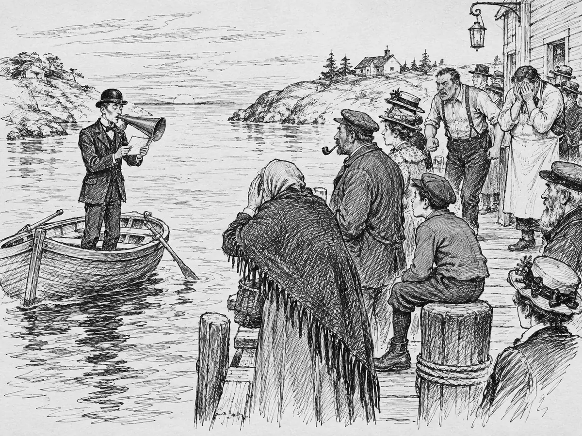 En tjenestemann i bowlerhatt står i en robåt og leser høyt gjennom en messingropert, mens folk på en brygge lytter; en sint mann i bukseseler kommer marsjerende og en mann i forkle skjuler ansiktet i hendene.