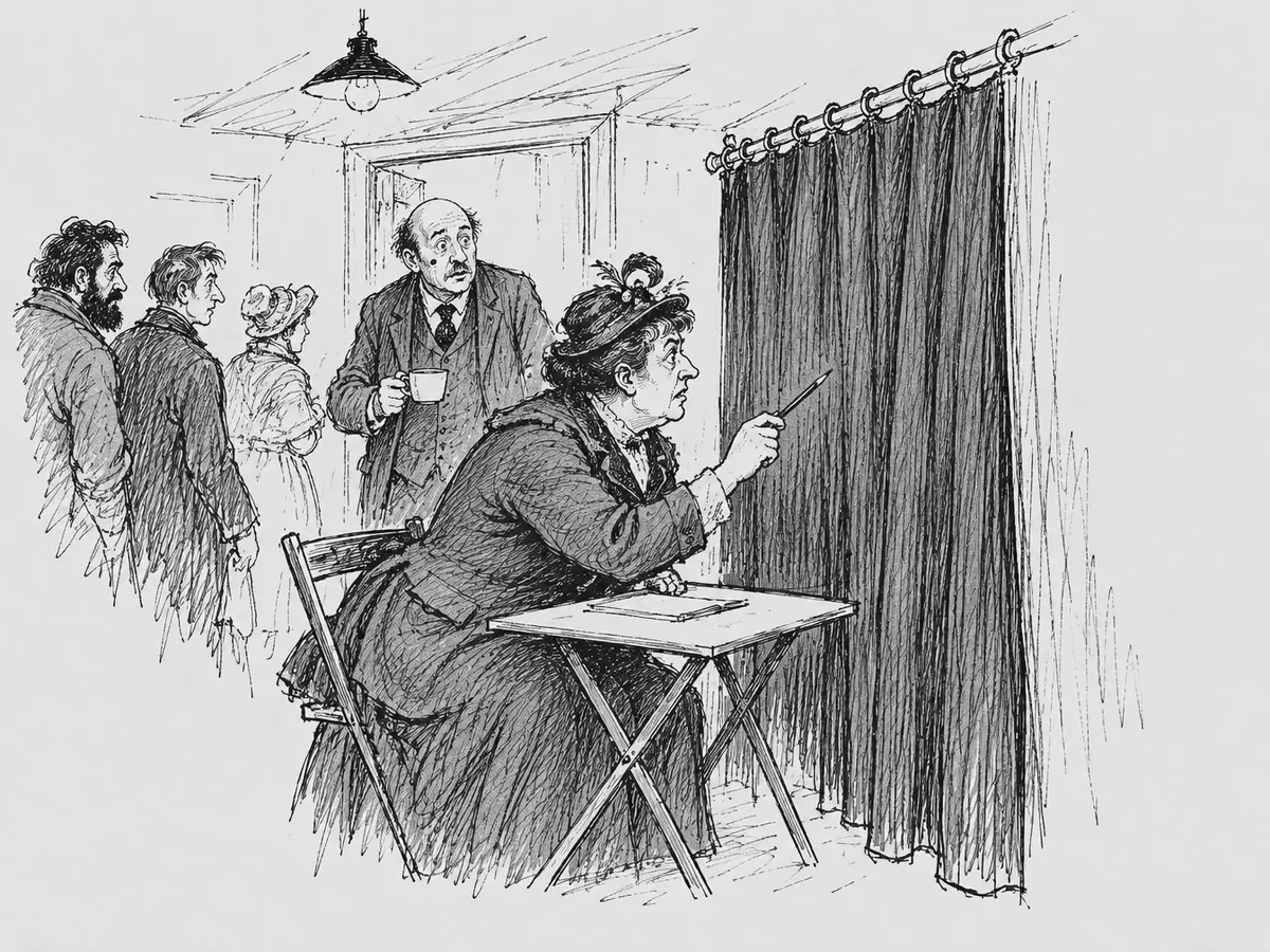Desenho de uma mulher decidida, de chapéu com pena e casaco, sentada à mesa dobrável diante da cortina, apontando o lápis para ela. Atrás dela, um homem careca de bigode, com uma xícara de café, olha espantado. À esquerda, outras três pessoas assistem.