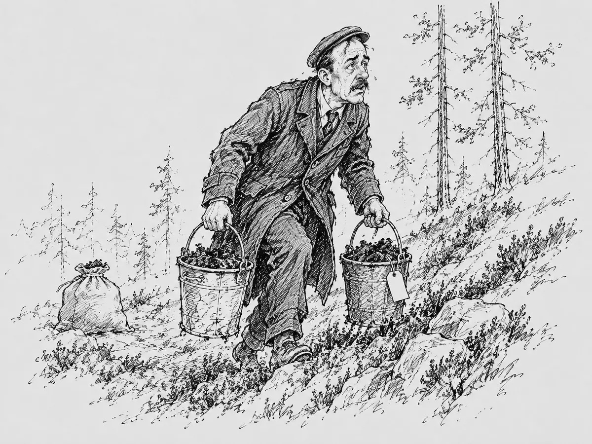 Desenho de um zelador suado, de bigode, boné e casaco comprido, carregando dois baldes de terra por uma encosta íngreme de urze no pinheiral. Um dos baldes tem uma etiqueta de papel. Um saco de terra ficou na trilha atrás dele.