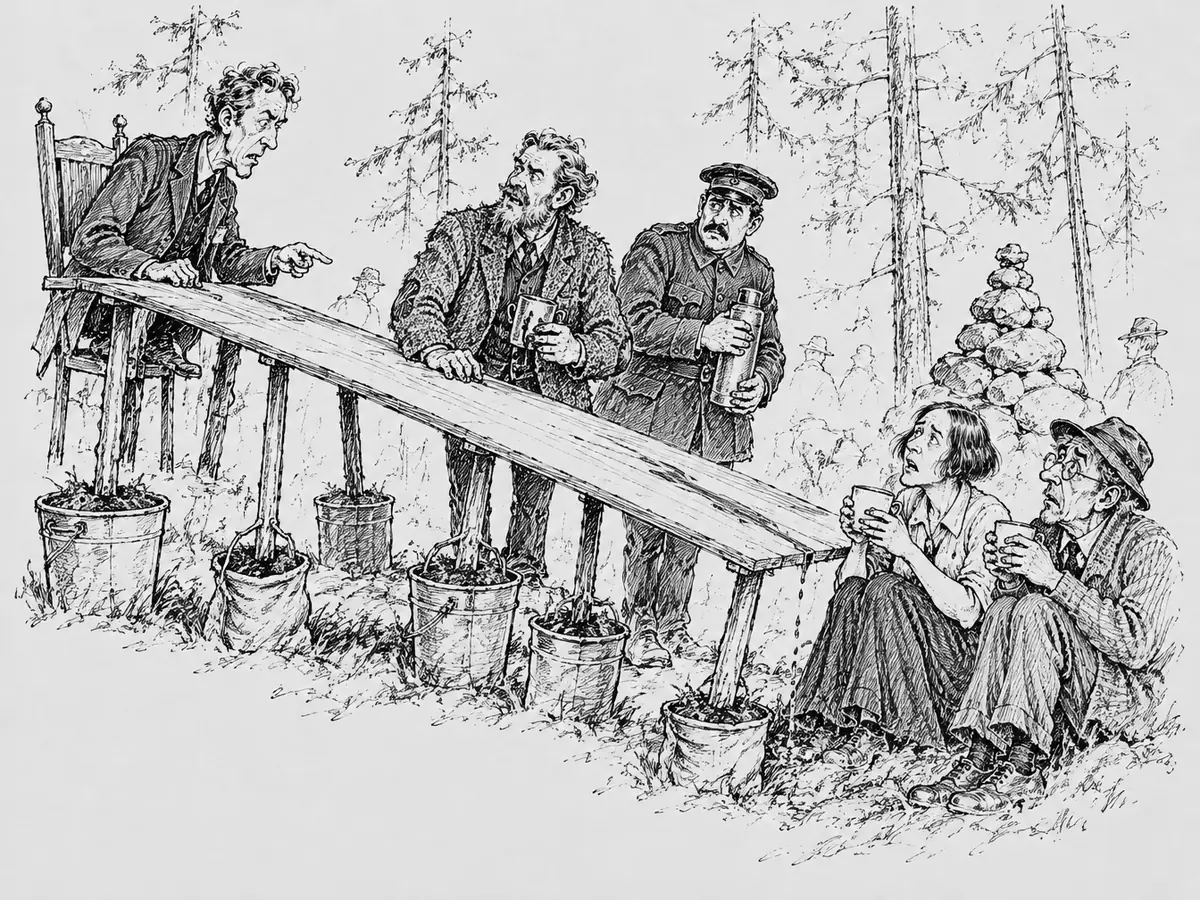 Desenho de uma mesa de madeira comprida e inclinada no mato, junto a um marco de pedras. As pernas estão em baldes e sacos de terra. Um homem de cabelo cacheado sentado bem alto na ponta de cima aponta o dedo, um homem barbudo com uma caneca e um zelador de jaqueta de uniforme com garrafa térmica estão de pé junto à mesa, e uma mulher e um senhor de óculos sentados no chão na ponta de baixo enquanto o café pinga.