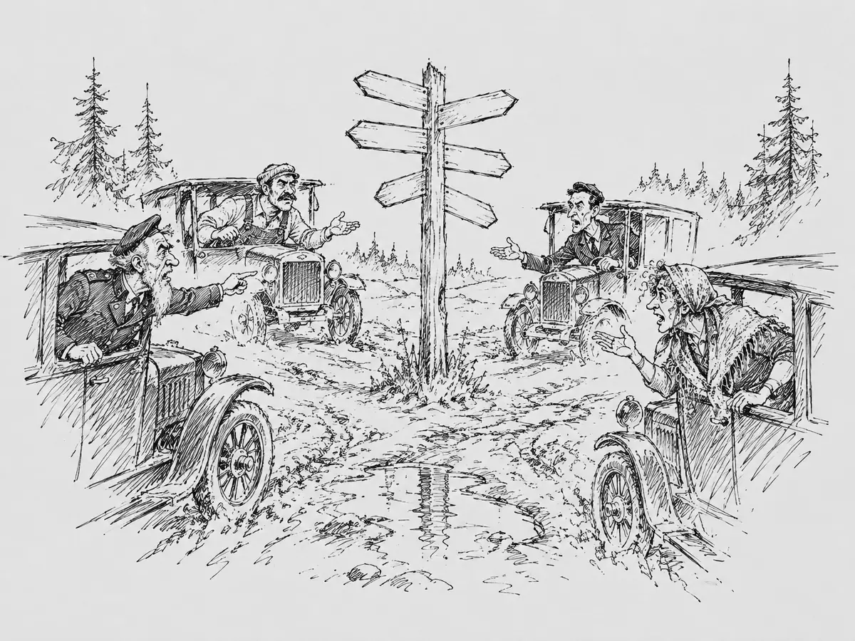Desenho: Quatro carros antigos parados num cruzamento enlameado no meio do mato, cada um virado para uma estrada de terra. Nas janelas, um velho barbudo de jaqueta de uniforme, um homem forte de bigode e boné, um homem magro de terno e uma mulher de xale discutem e apontam. No meio do cruzamento, uma placa de madeira com seis braços em branco.
