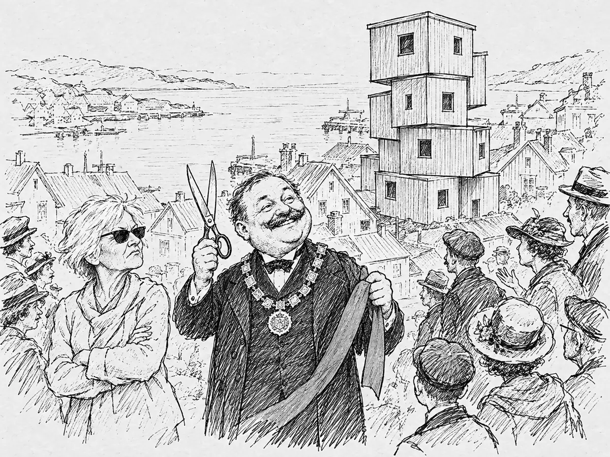O Prefeito com a corrente do cargo ergue uma tesoura e uma fita sorrindo, enquanto Randi Marie, de braços cruzados, olha séria para uma torre de caixas de madeira empilhadas entre as casas antigas do porto.