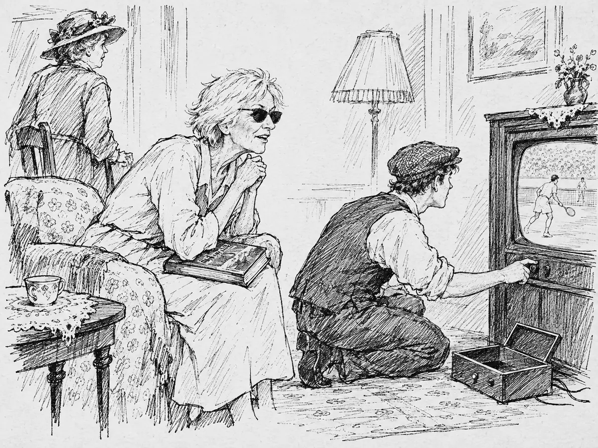 Randi Marie se inclina para a frente na poltrona assistindo a uma partida de tênis numa televisão antiga, com o livro sobre a Islândia esquecido no colo, enquanto o neto se ajoelha ao lado da TV perto de uma caixa de decodificador vazia.