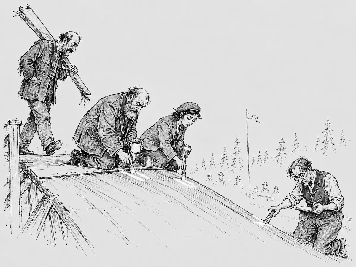 Tegning fra siden av en hoppbakke i tre. En skjeggete mann og en kvinne i alpelue sitter på kne og maler hvite streker like etter hoppkanten, en mann med bart bærer bort en lang stolpe på skulderen, og lenger ned måler en mann med briller og vest avstanden med tommestokk og noterer.